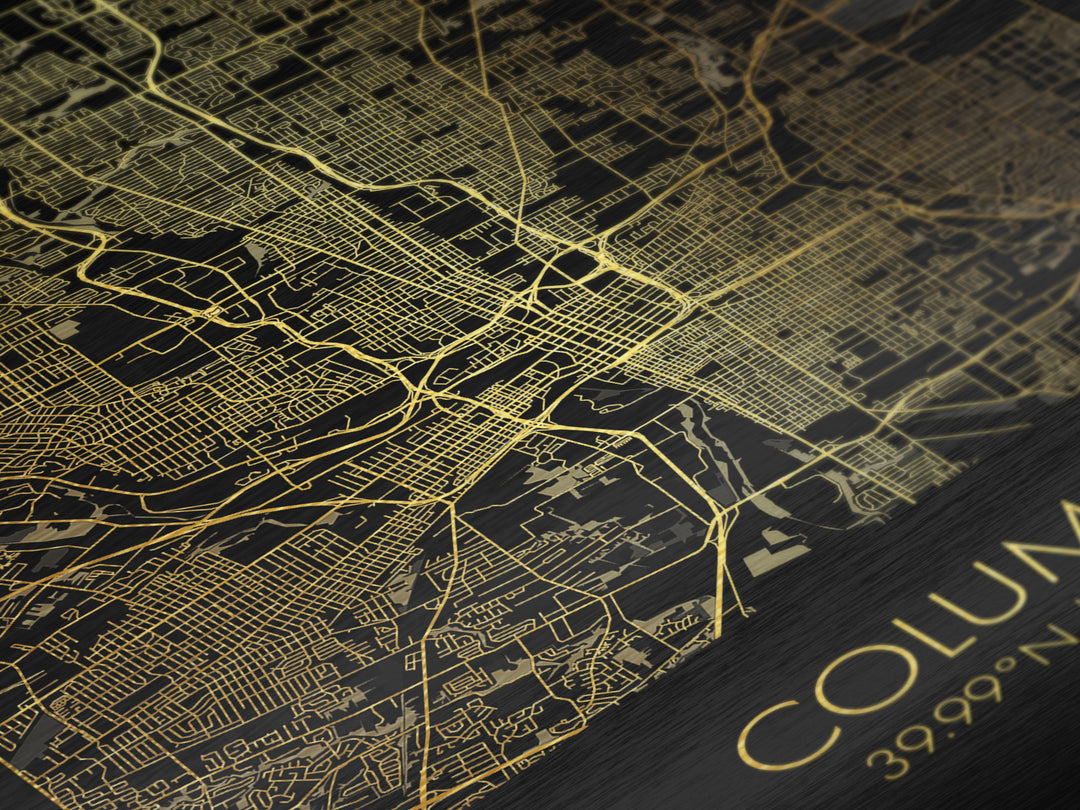 Columbus Ohio City street map, Metallic Gold Print, Metal Art, wood framed map, black and gold, Street Map Art, Office Decor