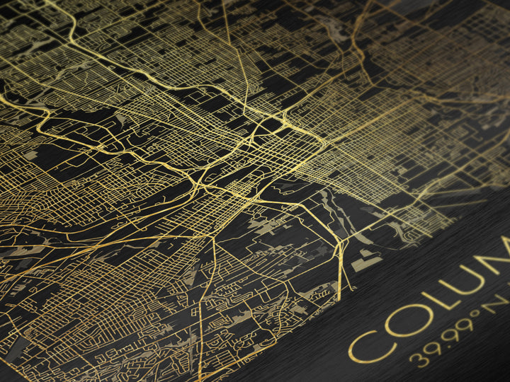 Columbus Ohio City street map, Metallic Gold Print, Metal Art, wood framed map, black and gold, Street Map Art, Office Decor
