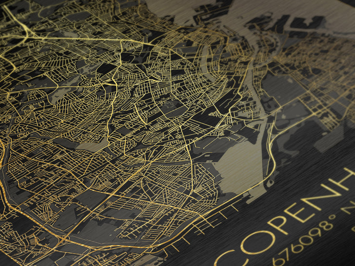 Copenhagen Denmark City Poster, Metallic Gold Art, Metal Art, real wood frames, black and gold, Map Art, Best Friend Gifts