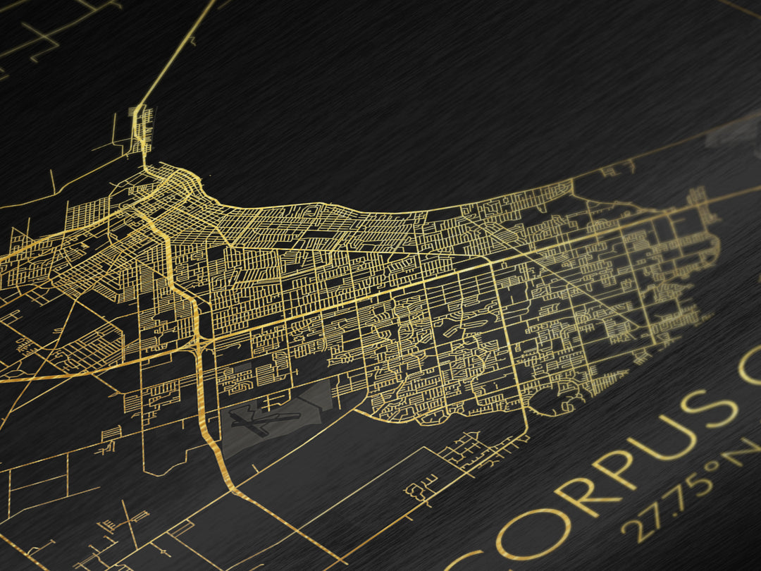 Corpus Christi Texas City street map, Metallic Gold Print, Metal Art, wood framed map, black and gold, Gold Street Map Art, Modern Wall Art