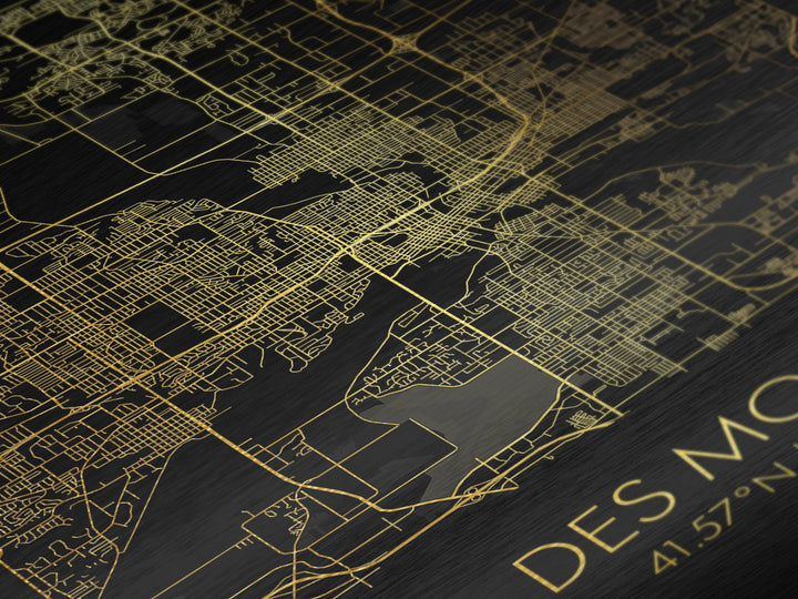 De Moines Iowa City Poster, Metallic Gold Art, Metal Art, real wood frames, black and gold, Street Map Wall Art, Closing Gift