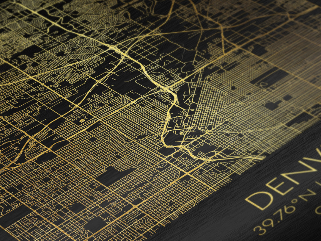 Denver Colorado City street map, Metallic Gold Print, Metal Art, wood framed map, black and gold, Map Art, Housewarming Gift