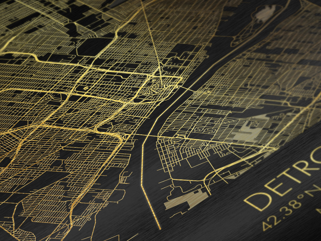 Detroit Michigan City Poster, Metallic Gold Art, Metal Art, real wood frames, black and gold, Gold Street Map Art, Best Friend Gifts