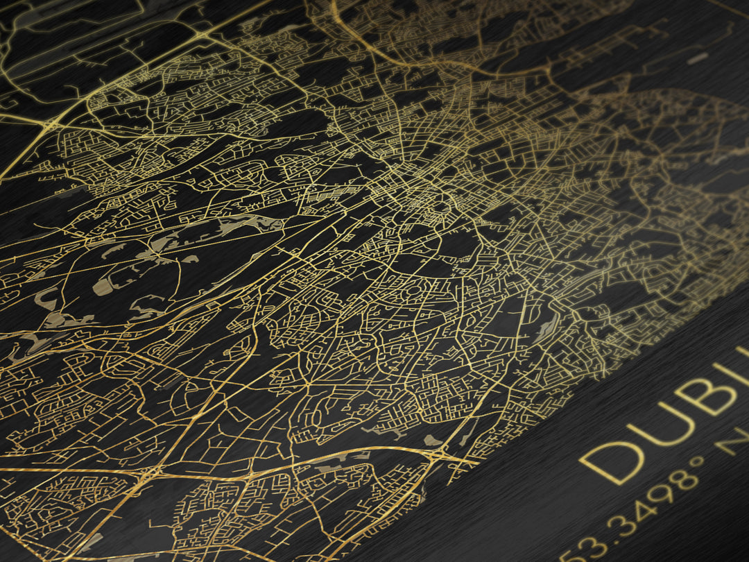 Dublin Ireland City Poster, Metallic Gold Art, Metal Art, real wood frames, black and gold, Street Map Art, Modern House Art