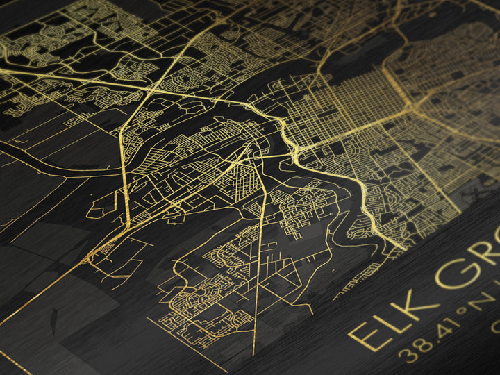 Elk Grove California City street map, Metallic Gold Print, Metal Art, wood framed map, black and gold, Gold Street Map Art, Modern Wall Art