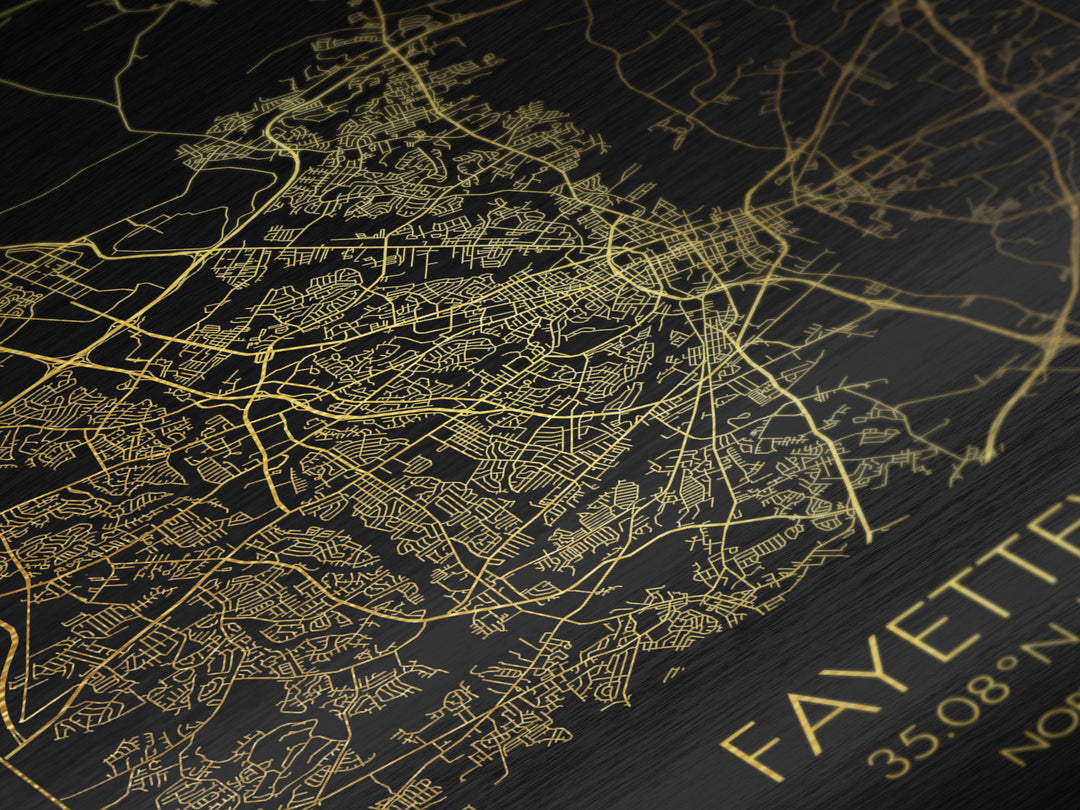 Fayetteville North Carolina City Poster, Metallic Gold Art, Metal Art, real wood frames, black and gold, Map Art, Best Friend Gifts