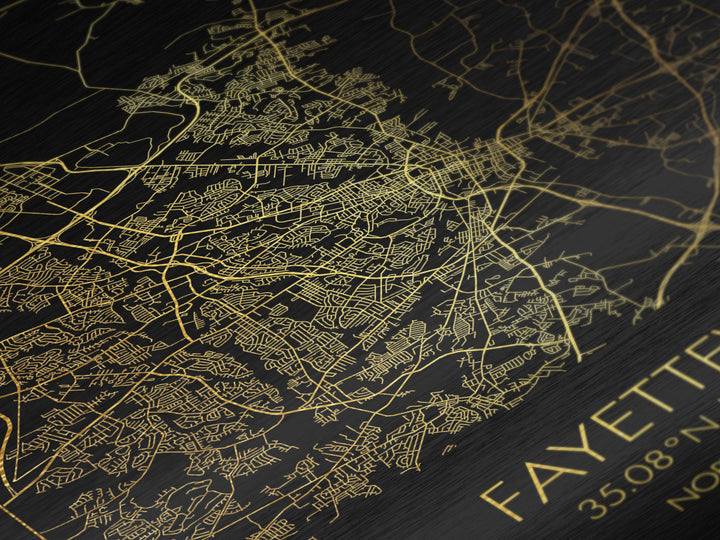 Fayetteville North Carolina City Poster, Metallic Gold Art, Metal Art, real wood frames, black and gold, Map Art, Best Friend Gifts
