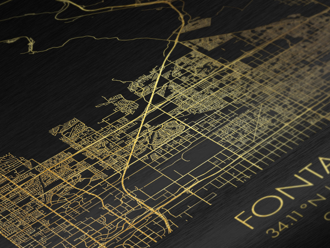 Fontana California City street map, Metallic Gold Print, Metal Art, wood framed map, black and gold, Gold Street Map Art, Modern Wall Art