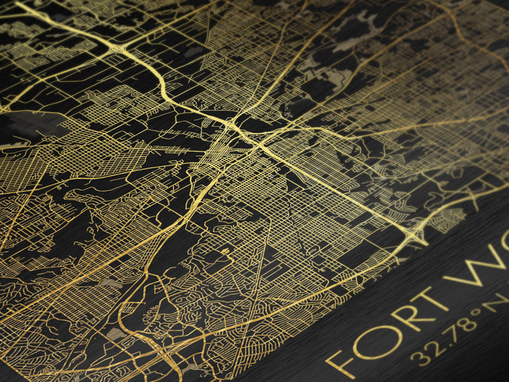 Fort Worth Texas City Poster, Metallic Gold Art, Metal Art, real wood frames, black and gold, Map Art, Best Friend Gifts