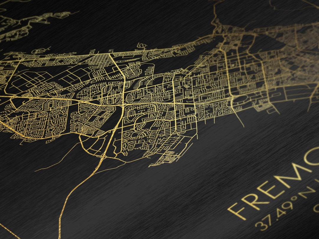 Fremont California City street map, Metallic Gold Print, Metal Art, wood framed map, black and gold, Gold Street Map Art, Modern Wall Art