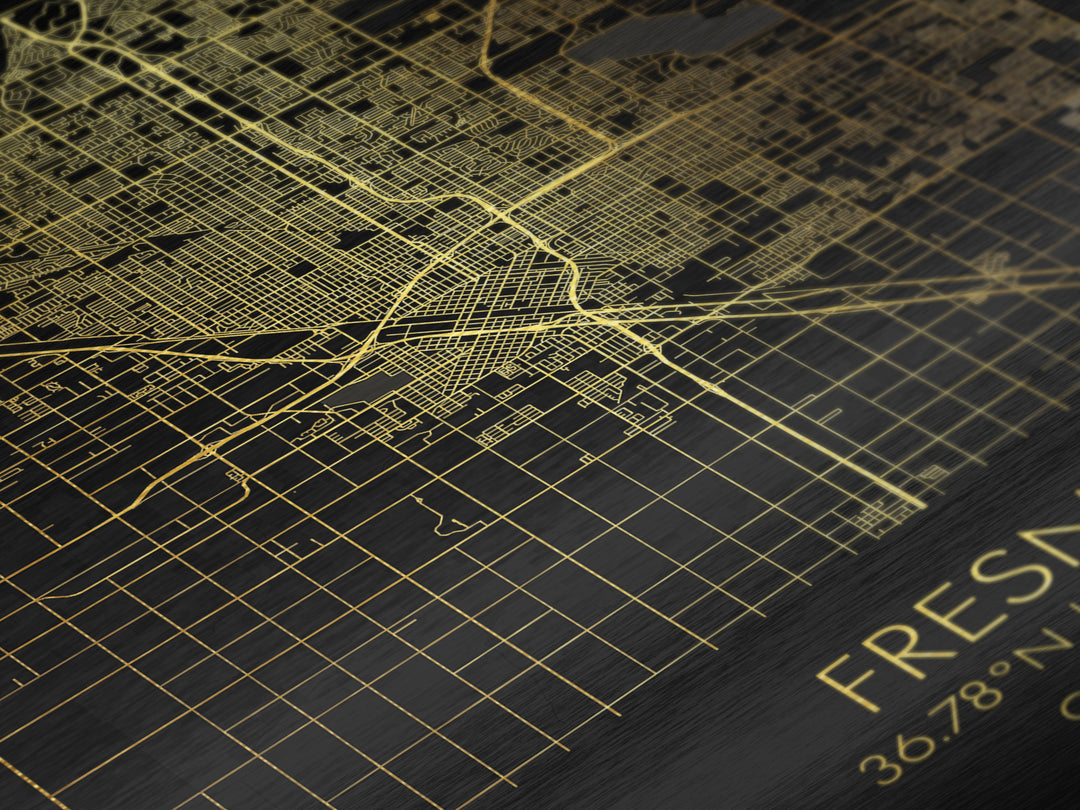 Fresno California City Poster, Metallic Gold Art, Metal Art, real wood frames, black and gold, Minimalist Wall Art, Map Print Poster