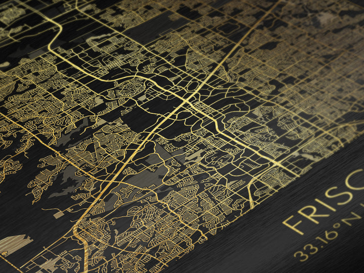 Frisco Texas City street map, Metallic Gold Print, Metal Art, wood framed map, black and gold, Street Map Art, Office Decor