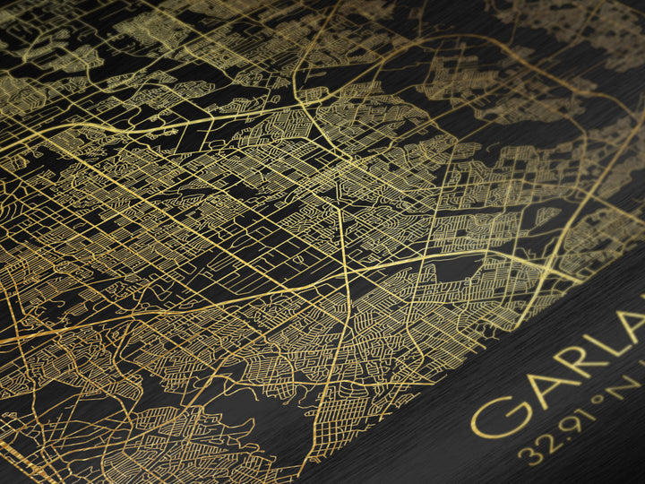 Garland Texas City street map, Metallic Gold Print, Metal Art, wood framed map, black and gold, Gold Street Map Art, Modern Wall Art