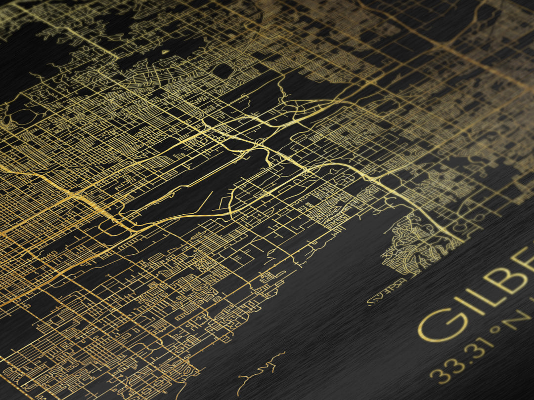 Gilbert Arizona City Poster, Metallic Gold Art, Metal Art, real wood frames, black and gold, Minimalist Wall Art, Map Print Poster