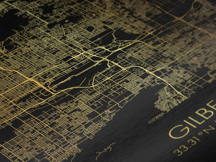 Gilbert Arizona City Poster, Metallic Gold Art, Metal Art, real wood frames, black and gold, Minimalist Wall Art, Map Print Poster