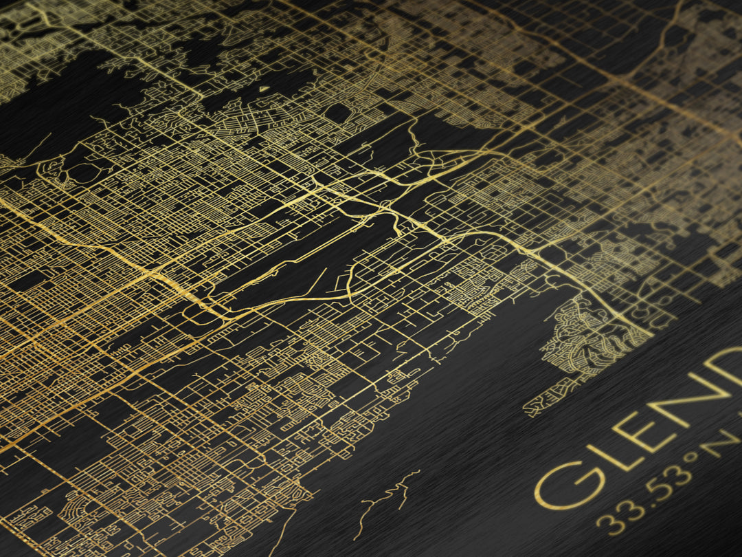 Glendale Arizona City street map, Metallic Gold Print, Metal Art, wood framed map, black and gold, Street Map Art, Office Decor
