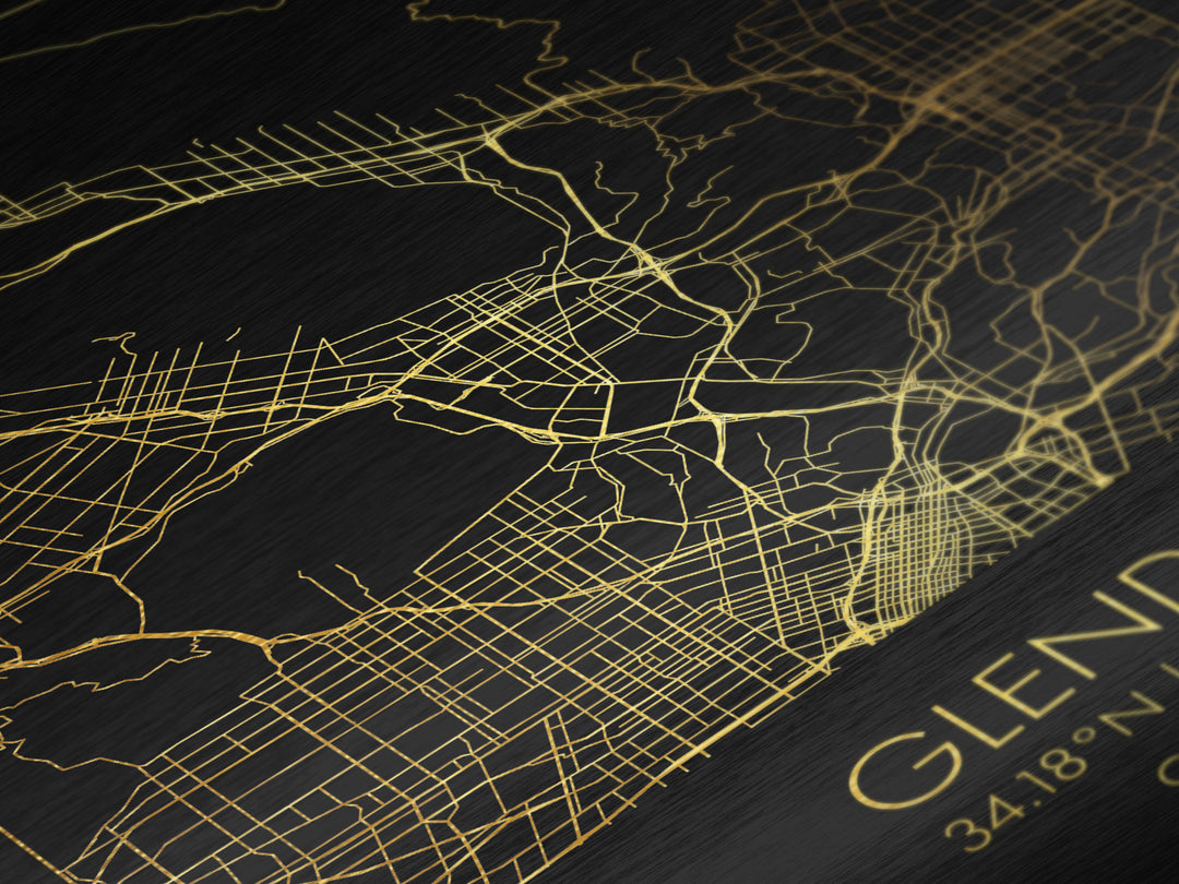 Glendale California City Poster, Metallic Gold Art, Metal Art, real wood frames, black and gold, Map Art, Best Friend Gifts