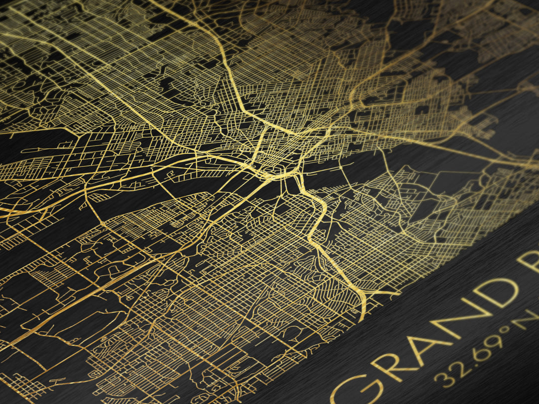 Grand Prairie Texas City street map, Metallic Gold Print, Metal Art, wood framed map, black and gold, Gold Street Map Art, Modern Wall Art