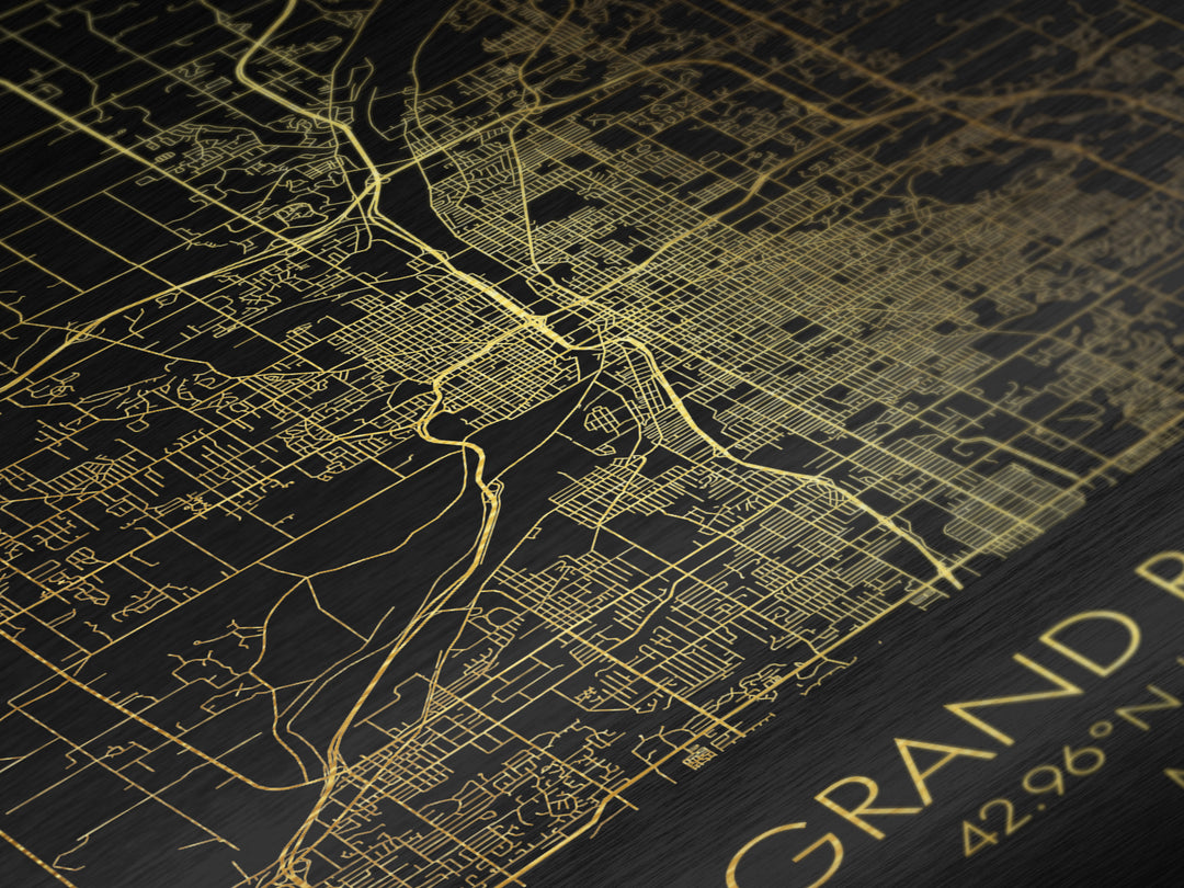 Grand Rapids Michigan City Poster, Metallic Gold Art, Metal Art, real wood frames, black and gold, Minimalist Wall Art, Map Print Poster