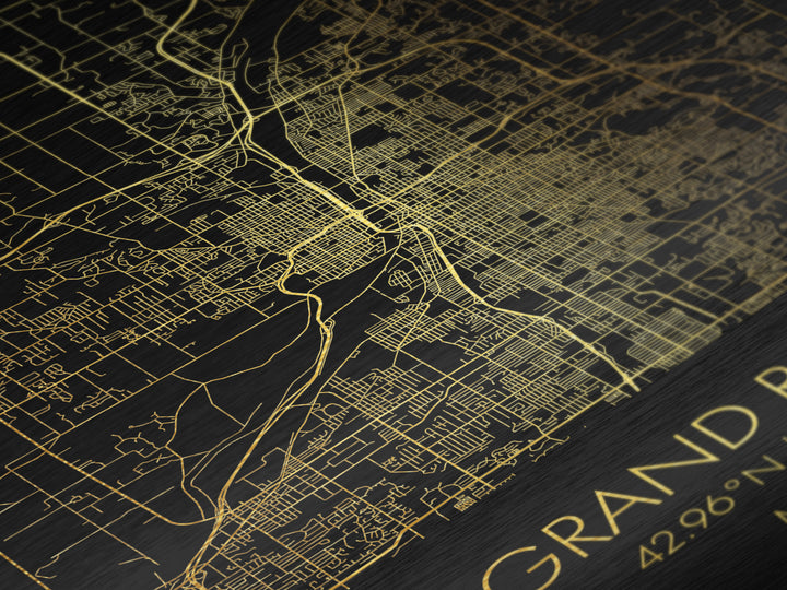 Grand Rapids Michigan City Poster, Metallic Gold Art, Metal Art, real wood frames, black and gold, Minimalist Wall Art, Map Print Poster