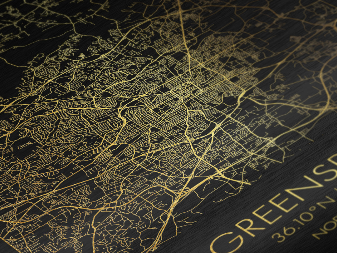 Greensboro North Carolina City Poster, Metallic Gold Art, Metal Art, real wood frames, black and gold, Map Art, Best Friend Gifts