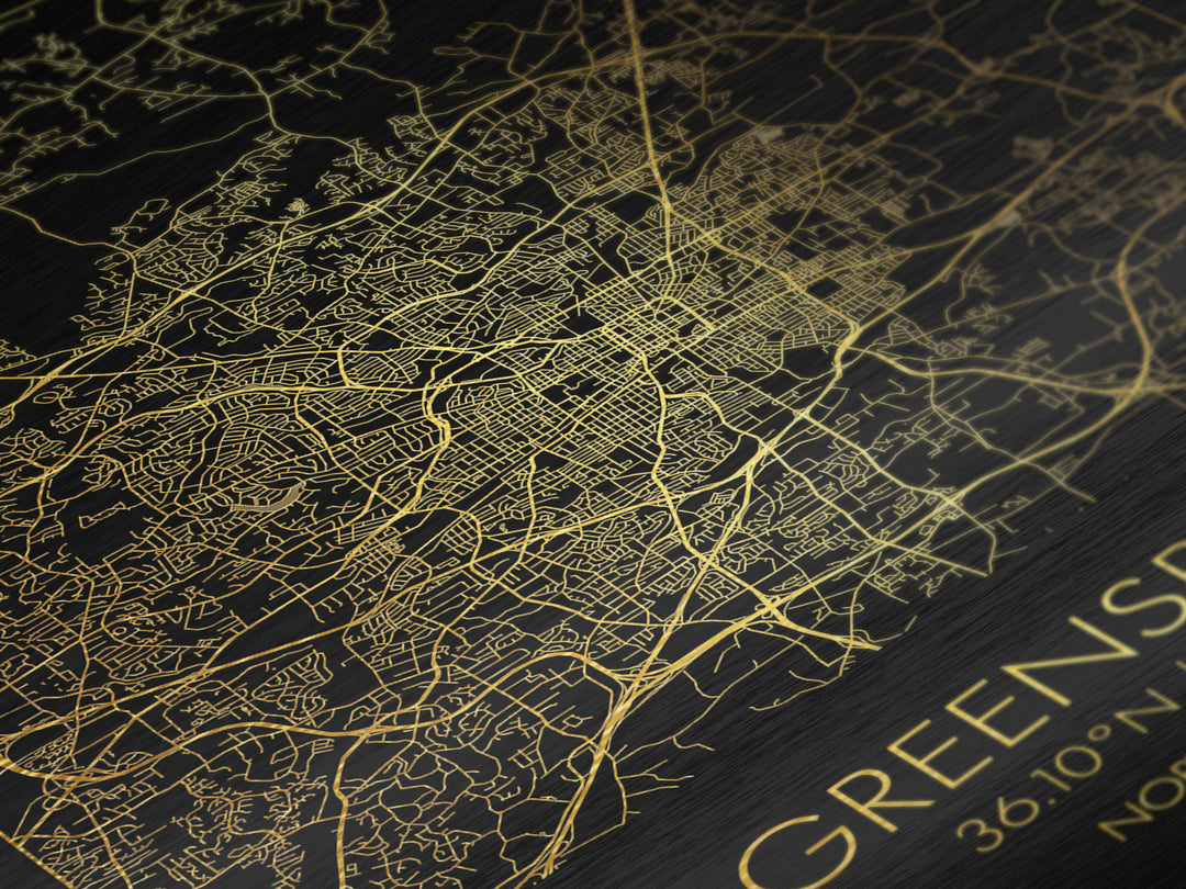 Greensboro North Carolina City street map, Metallic Gold Print, Metal Art, wood framed map, black and gold, Street Map Art, Office Decor