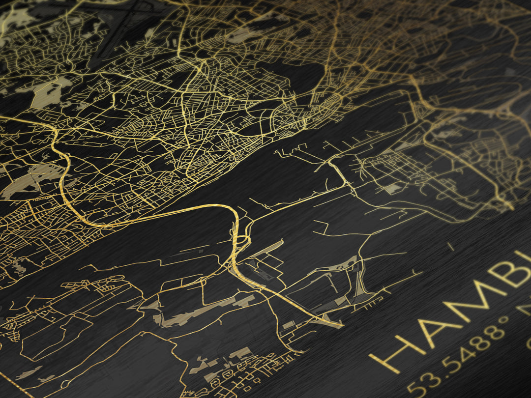 Hamburg Germany City street map, Metallic Gold Print, Metal Art, wood framed map, black and gold, Gold Street Map Art, Modern Wall Art