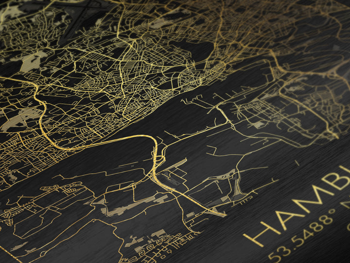 Hamburg Germany City street map, Metallic Gold Print, Metal Art, wood framed map, black and gold, Gold Street Map Art, Modern Wall Art