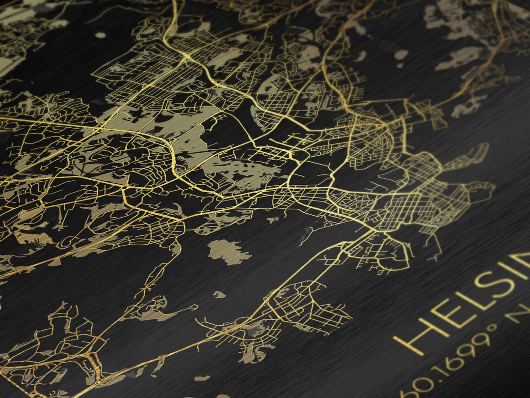 Helsinki Finland City Poster, Metallic Gold Art, Metal Art, real wood frames, black and gold, Minimalist Wall Art, Map Print Poster