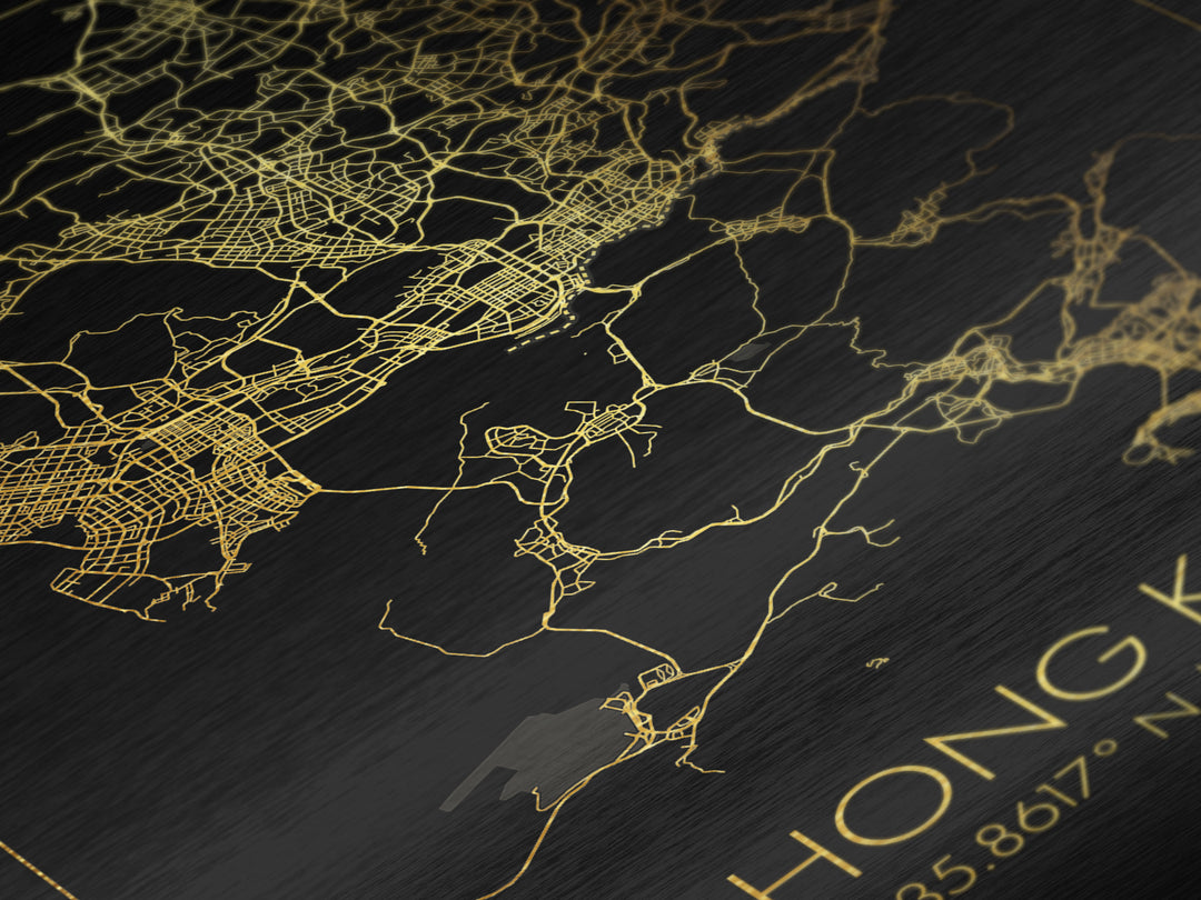 Hong Kong China City street map, Metallic Gold Print, Metal Art, wood framed map, black and gold, Gold Street Map Art, Modern Wall Art