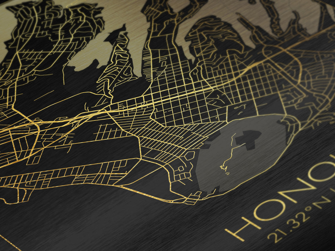 Honolulu Hawaii City Poster, Metallic Gold Art, Metal Art, real wood frames, black and gold, Minimalist Wall Art, Map Print Poster