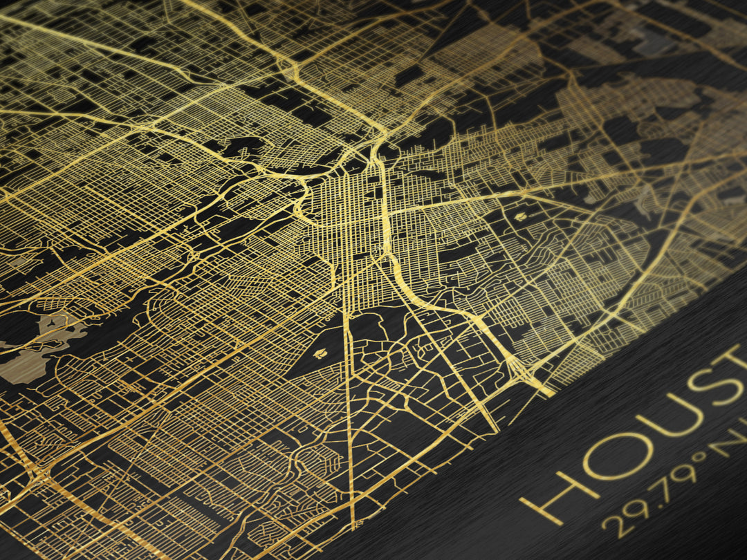 Houston Texas City street map, Metallic Gold Print, Metal Art, wood framed map, black and gold, Street Map Art, Office Decor