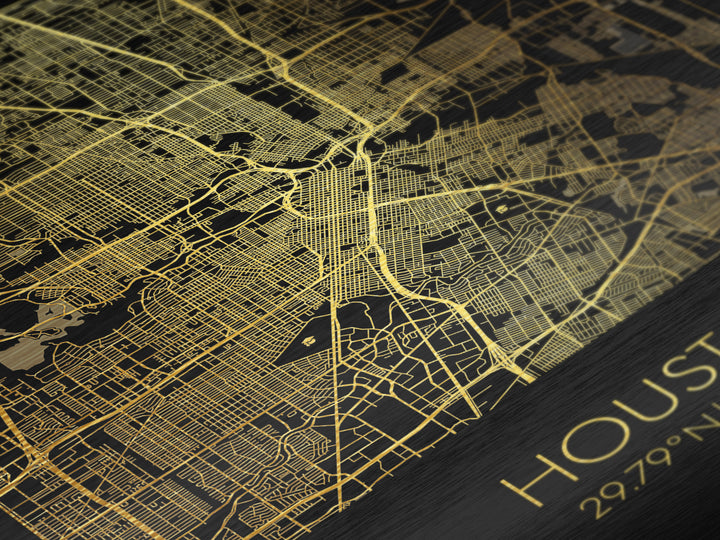 Houston Texas City street map, Metallic Gold Print, Metal Art, wood framed map, black and gold, Street Map Art, Office Decor