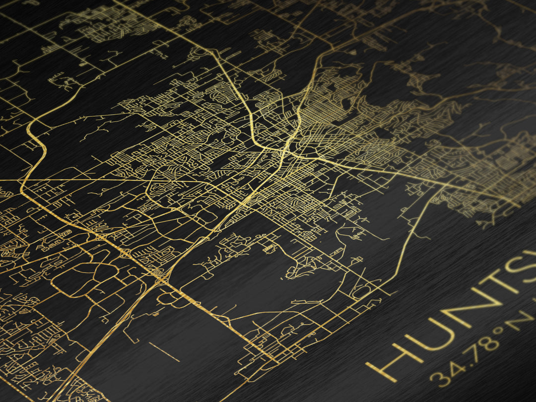 Huntsville Alabama City Poster, Metallic Gold Art, Metal Art, real wood frames, black and gold, Map Art, Best Friend Gifts