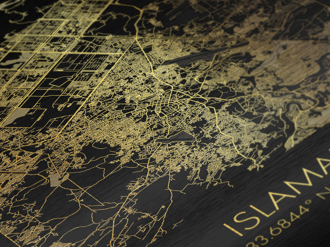 Islamabad Pakistan City street map, Metallic Gold Print, Metal Art, wood framed map, black and gold, Gold Street Map Art, Modern Wall Art