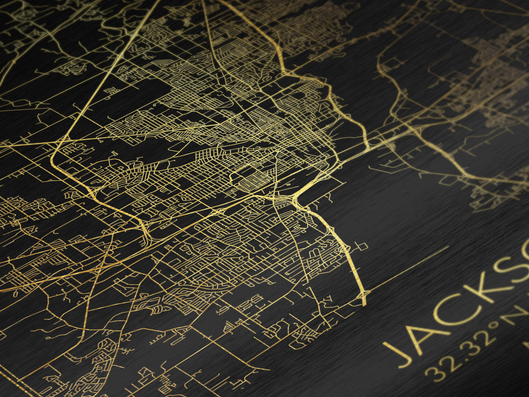 Jackson Mississippi City street map, Metallic Gold Print, Metal Art, wood framed map, black and gold, Street Map Art, Office Decor