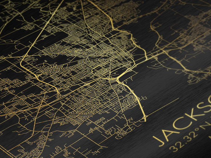 Jackson Mississippi City street map, Metallic Gold Print, Metal Art, wood framed map, black and gold, Street Map Art, Office Decor