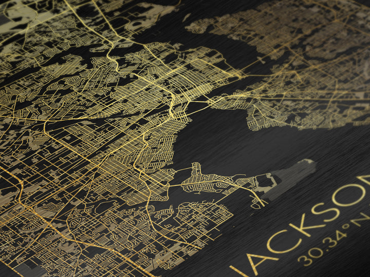 Jacksonville Florida City Poster, Metallic Gold Art, Metal Art, real wood frames, black and gold, Map Art, Best Friend Gifts
