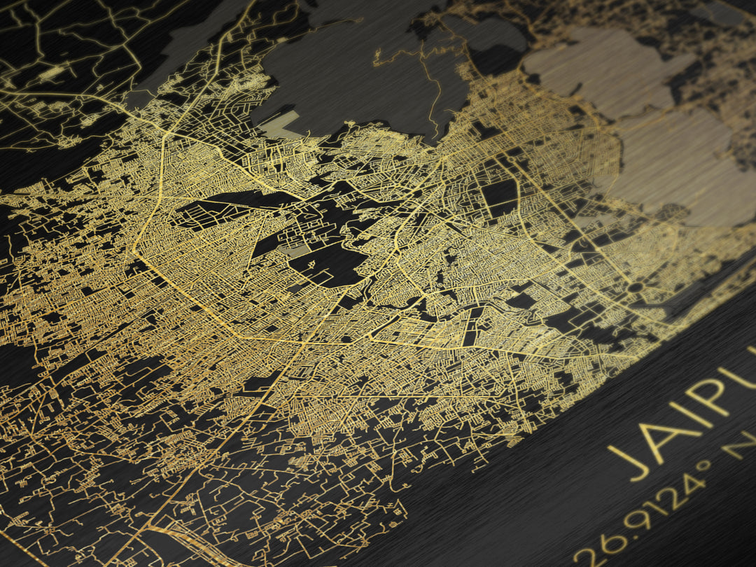 Jaipur India City street map, Metallic Gold Print, Metal Art, wood framed map, black and gold, Gold Street Map Art, Modern Wall Art