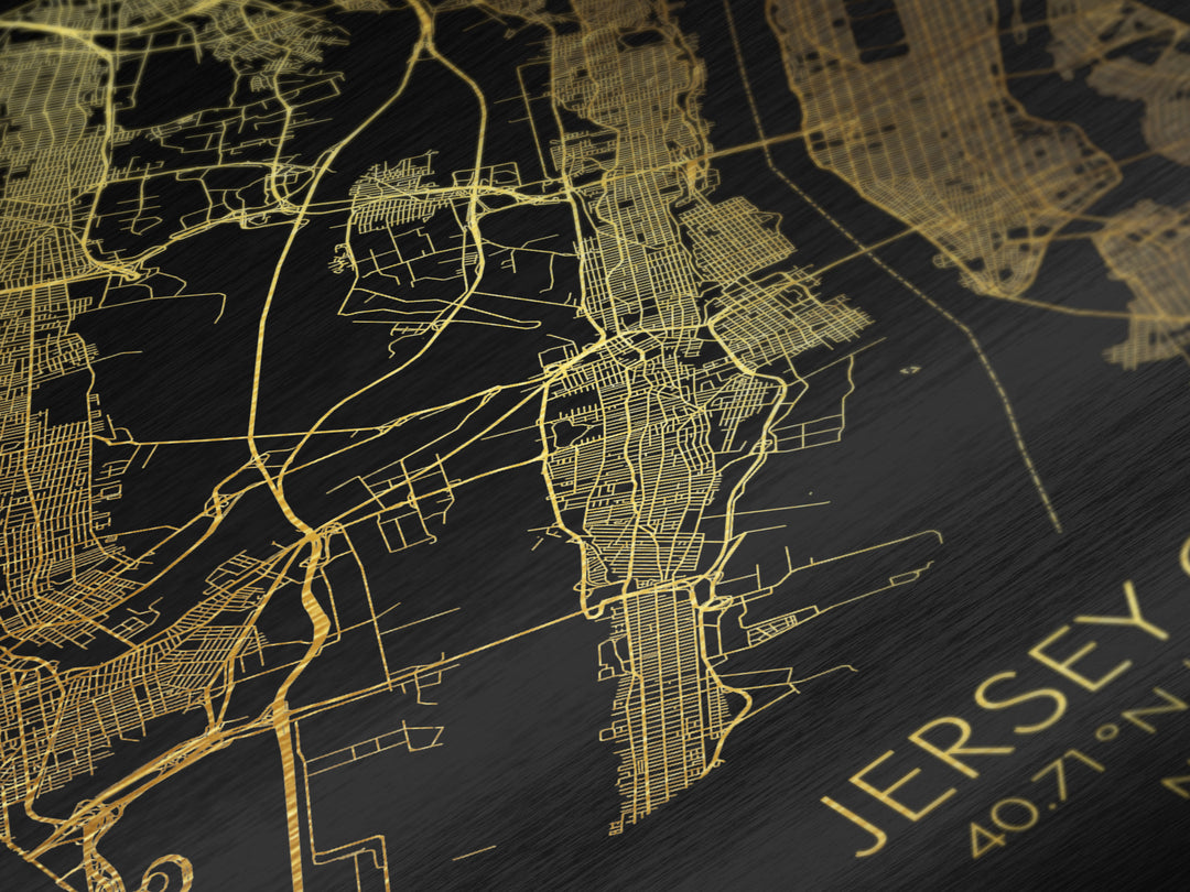 Jersey City New Jersey City Poster, Metallic Gold Art, Metal Art, real wood frames, black and gold, Minimalist Wall Art, Map Print Poster