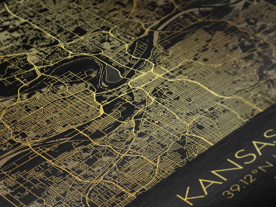 Kansas City Missouri City street map, Metallic Gold Print, Metal Art, wood framed map, black and gold, Street Map Art, Office Decor
