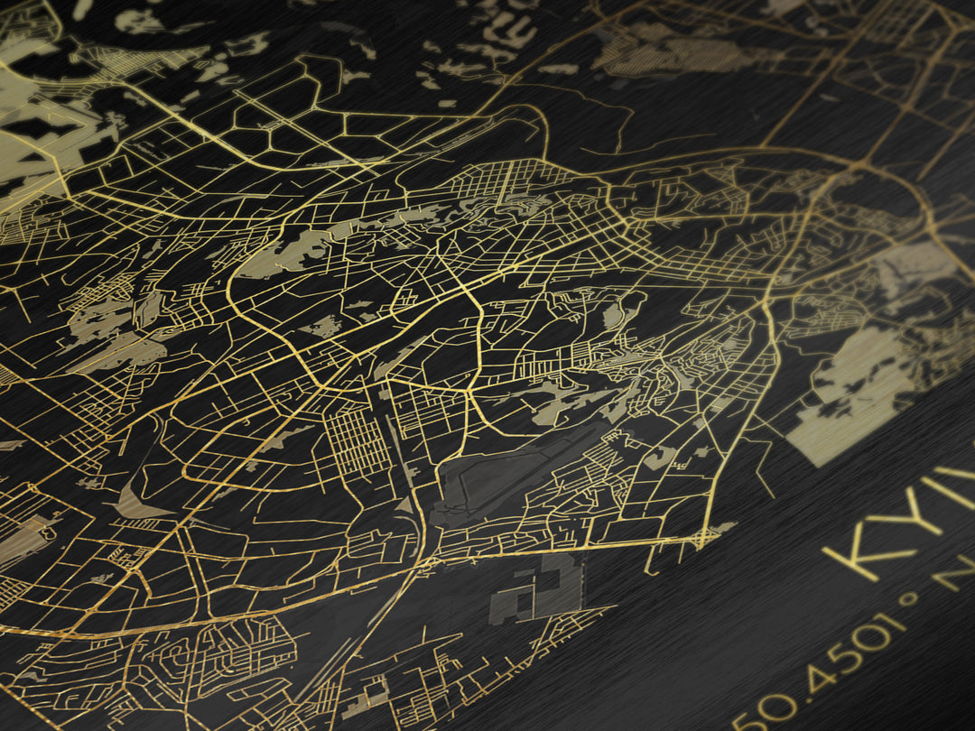 Kyiv Ukraine City street map, Metallic Gold Print, Metal Art, wood framed map, black and gold, Gold Street Map Art, Modern Wall Art