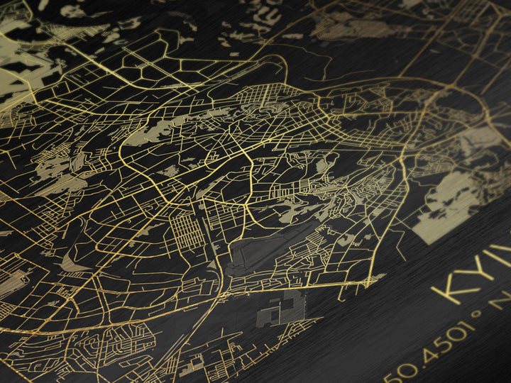 Kyiv Ukraine City street map, Metallic Gold Print, Metal Art, wood framed map, black and gold, Gold Street Map Art, Modern Wall Art