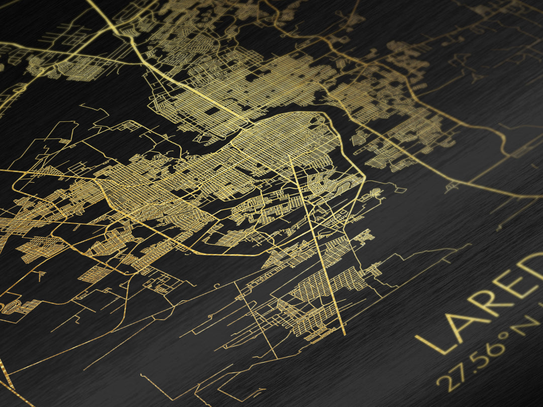 Laredo Texas City Poster, Metallic Gold Art, Metal Art, real wood frames, black and gold, Minimalist Wall Art, Map Print Poster