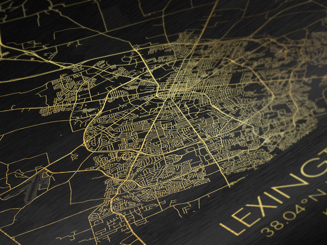 Lexington Kentucky City street map, Metallic Gold Print, Metal Art, wood framed map, black and gold, Gold Street Map Art, Modern Wall Art