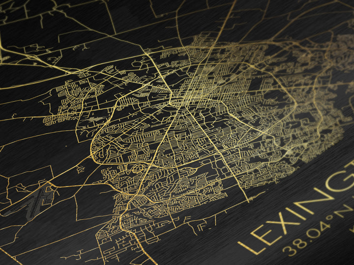Lexington Kentucky City street map, Metallic Gold Print, Metal Art, wood framed map, black and gold, Gold Street Map Art, Modern Wall Art
