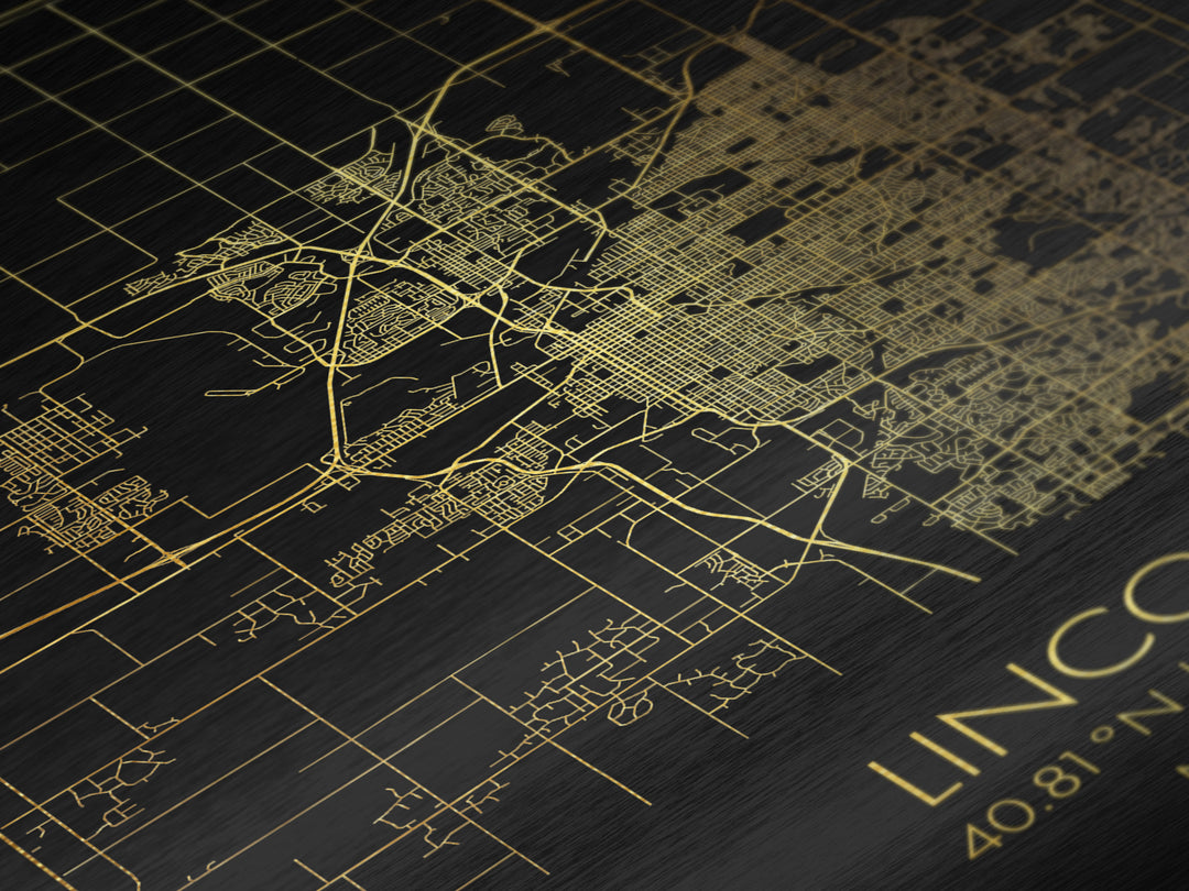 Lincoln Nebraska City Poster, Metallic Gold Art, Metal Art, real wood frames, black and gold, Minimalist Wall Art, Map Print Poster