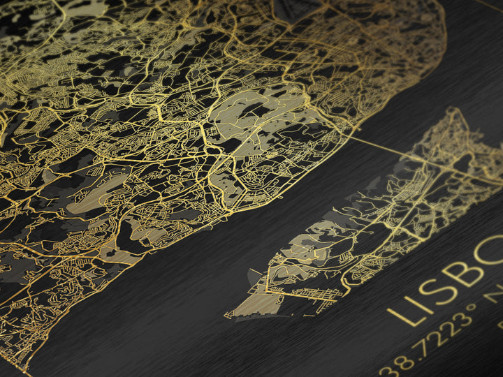 Lisbon Portugal City street map, Metallic Gold Print, Metal Art, wood framed map, black and gold, Street Map Art, Office Decor