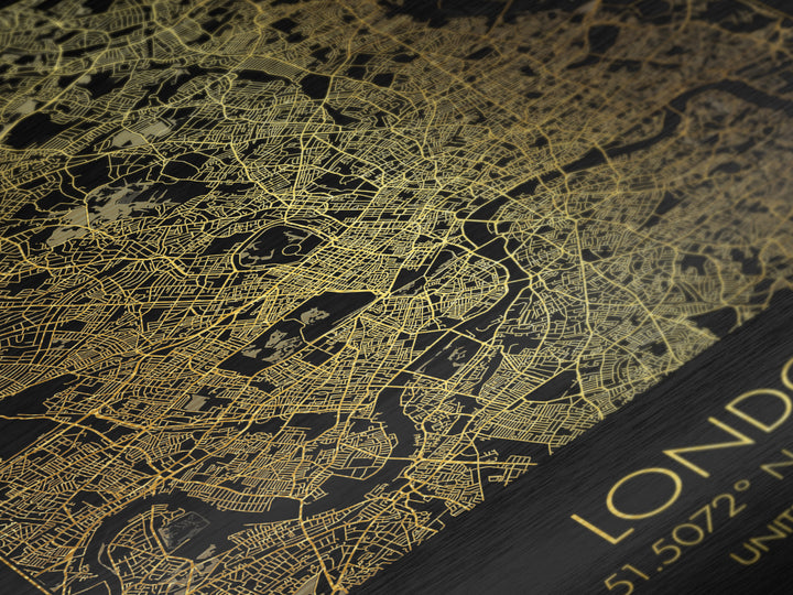 London United Kingdom City street map, Metallic Gold Print, Metal Art, wood framed map, black and gold, Gold Street Map Art, Modern Wall Art