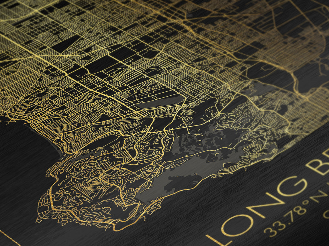 Long Beach California City Poster, Metallic Gold Art, Metal Art, real wood frames, black and gold, Minimalist Wall Art, Map Print Poster